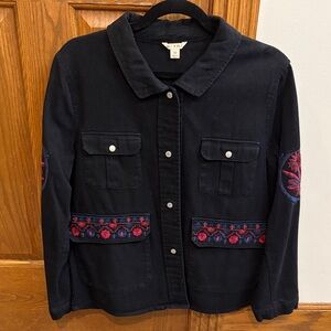 Women’s Embroidered Bohemian Black Jacket Multiple Pockets Snap Front Medium